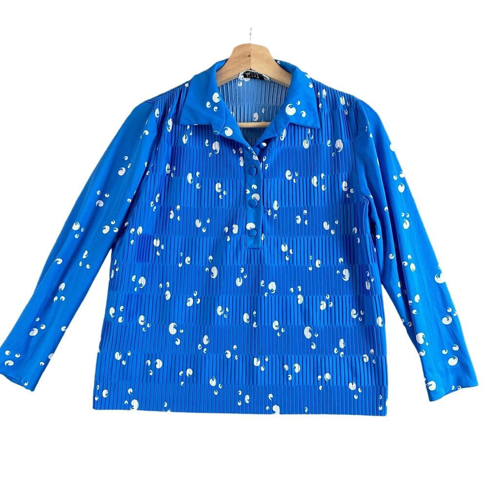 Vintage Hal Ferman Blue Pleated Popover Shirt Blouse Top Micropleat 70s Disco